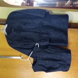 Vintage Black Brocade Jacket, Top & Skirt Set, Floral Asian Accents. 3/4 Sleeves